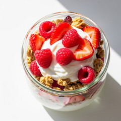 Overhead colorful breakfast parfait in a glass jar layered with granola, Greek yogurt, fresh strawberries and raspberries. Bright side light copy