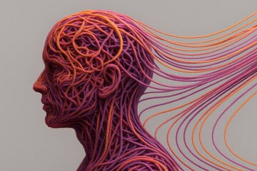 Mind's Tapestry: A striking depiction of a human head, intricately woven with colorful strands. Symbolizing the complex and dynamic nature of thoughts and imagination. 