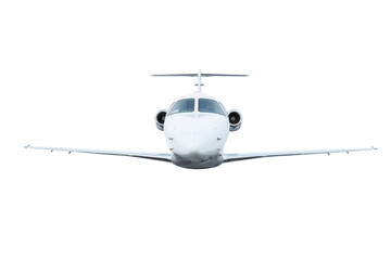 Front view of the white business airplane flies isolated