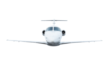 Front view of the white business airplane flies isolated
