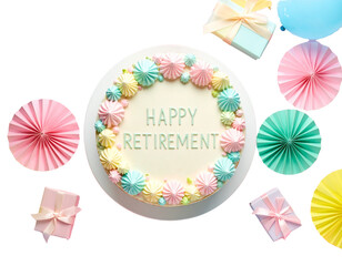 Happy Retirement Cake with Frosted Lettering and Party Decorations, Top View on White