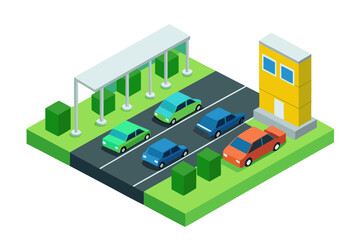 Isometric city street scene with cars and building