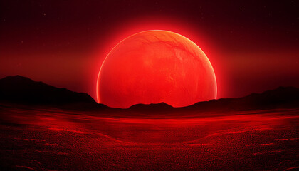 a red background with a large red sun in the middle