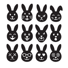 Obraz premium Cute Black and White Rabbit Face Icons | Minimalist Bunny Emoticons & Expressions Vector Set