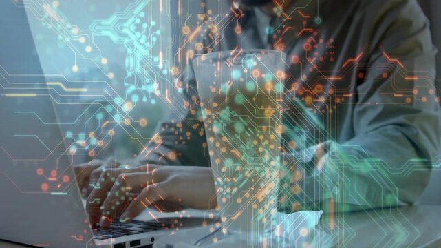 Man typing laptop keys by window and showing pulsing tech graphics while grabbing beer on break