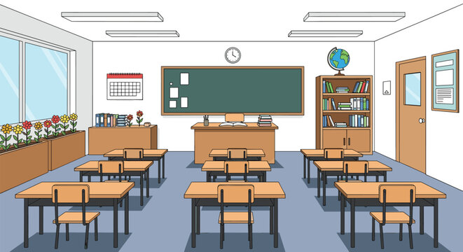 A typical modern elementary school classroom ready for learning and student engagement