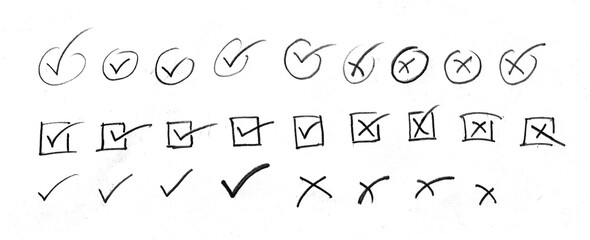 Hand-Drawn Black Checkmarks & X cross Marks PNG - Task List Icons, Correct/Incorrect Symbols, or Voting Elements, pencil marker doodle