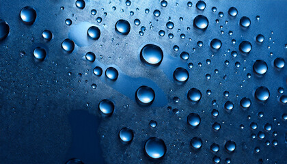 close up of blue surface covered with variously sized water droplets reflecting light