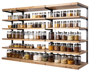 Minimalist Pantry Setup with Floating Shelves and Uniform Labeled Storage, Transparent Background