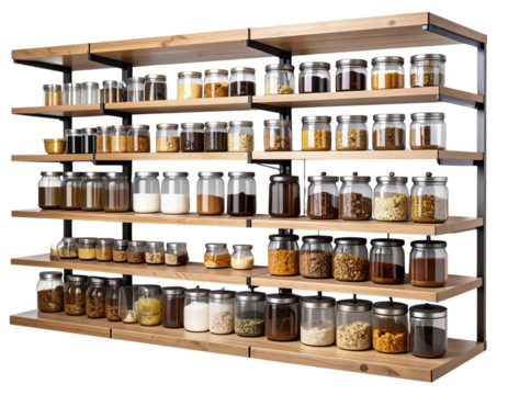 Minimalist Pantry Setup with Floating Shelves and Uniform Labeled Storage, Transparent Background