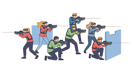 Exciting laser tag competition with players hiding behind walls and shooting targets