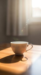 Fototapeta premium Serene morning sunlight illuminates an empty white teacup on a warm wood table.