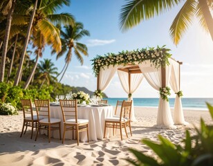 Fototapeta premium Beachside wedding reception setup under a lush canopy
