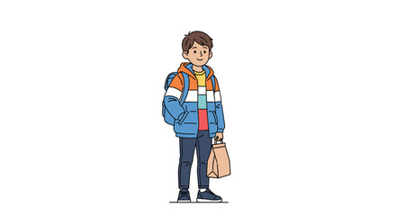 An adolescent person wearing a colorful jacket carries a backpack and a bag outdoors