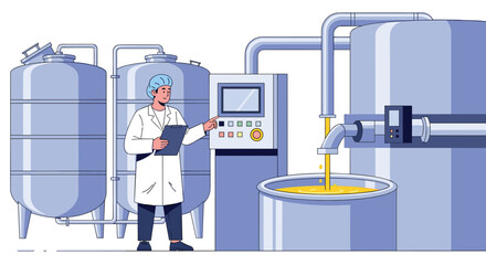 Industrial process control operator monitoring liquid manufacturing production in modern factory environment
