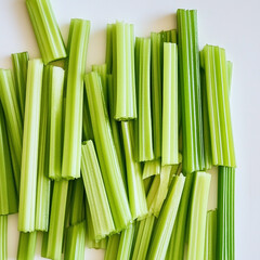 Fototapeta premium Fresh green celery stalks arranged on a white background vegetable