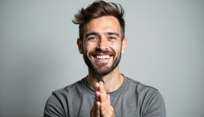 Fototapeta premium Young man smiling with hands together in front of grey background 