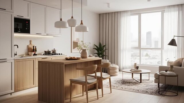 Modern apartment interior design showcase: A bright living and kitchen space with stylish decor