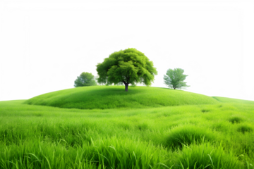A verdant green hill with trees stands peacefully, creating a scenic landscape isolated on transparent background