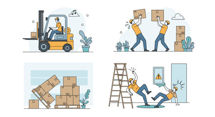 Warehouse safety precautions against workplace accidents and injuries during lifting operations and loading