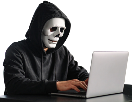 Side-Profile Skull-Masked Hacker Working Intently, PNG Isolated.
