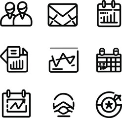 9 minimalist line icons for business and office use, including teamwork, email, file, calendar, graph, support, and startup. Use abstract black stroke art with a clean but hand-crafted feel.eps