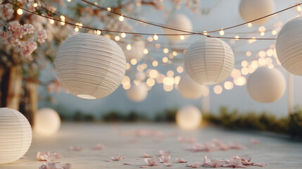 Decorative lanterns hanging among cherry blossoms in evening light  