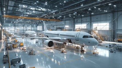 Busy airplane hangar with maintenance crews working on various parts of different aircraft