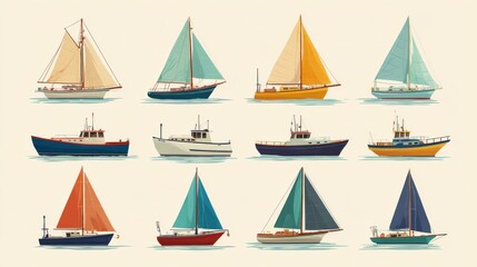 Big set of sea boats and little fishing ships. Sailboats flat vector icons. Illustration of water transport yacht and ship sailboat, no logos, no brands