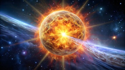 Obraz premium Photo of a brilliant, fiery star explodes with intense energy and light, emitting powerful solar flares and streams of plasma into the surrounding cosmic nebula