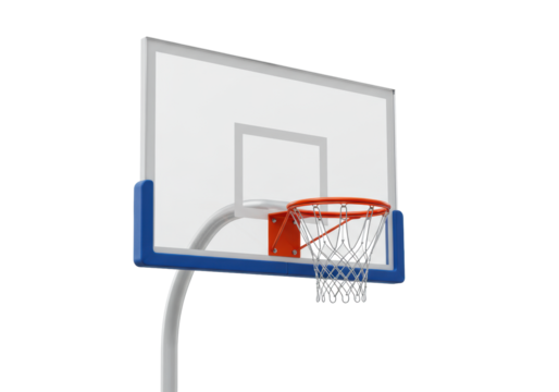 A pristine, clear rectangular basketball backboard with white frame, orange rim, white net, and blue padding, isolated against a transparent background with copy space, ultra-realistic UHD product
