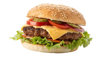 Delicious Cheeseburger with Lettuce, Tomato, and Pickles Isolated on Transparent Background