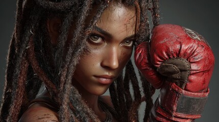 A woman with dreadlocks and a boxing glove