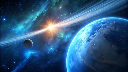 Obraz premium Photo of a distant planet and its moon are illuminated by a bright star, set against a backdrop of swirling nebulae and a vast expanse of stars in deep space