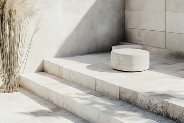 Minimalist outdoor space with stone steps, decorative grass and seating for relaxation