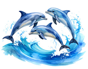 Fototapeta premium Playful Dolphins in Watercolor Splash Style Ocean Waves, Transparent Background