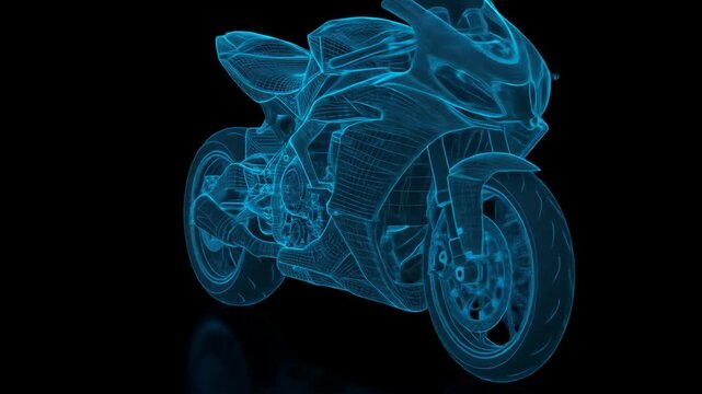 Blue glowing motorcycle wireframe visualization. Digital blueprint of sport bike. Advanced engineering and design concept footage.