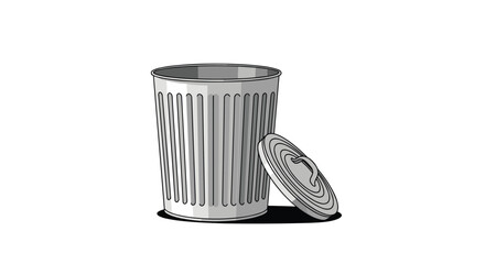 An illustration of a metal waste receptacle with its lid resting beside it on a white background