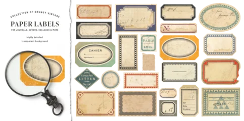 set / collection of detailed grungy stained paper labels with scribbles and numbers as design elements for journals, covers, collages, packaging, and more, isolated over a transparent background, PNG © Anja Kaiser