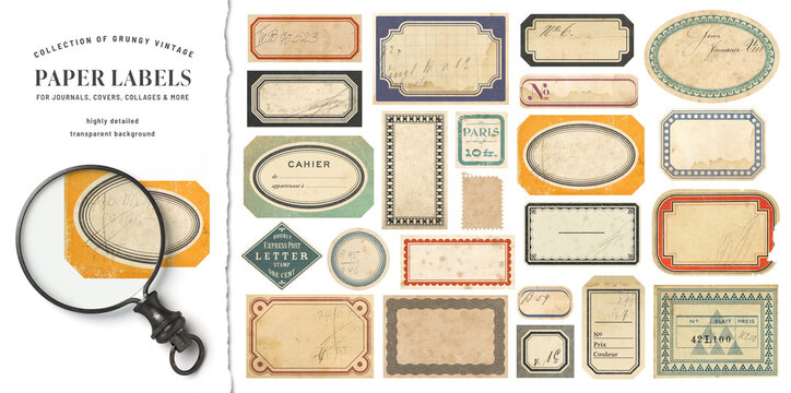 set / collection of detailed grungy stained paper labels with scribbles and numbers as design elements for journals, covers, collages, packaging, and more, isolated over a transparent background, PNG