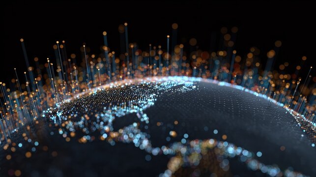Abstract display of predictive analytics with data points and a globe.