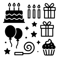 Minimal Black Vector Icons for Birthday and Party Celebration , Cake, Balloons, Candles, Gifts, and Festive Elements
