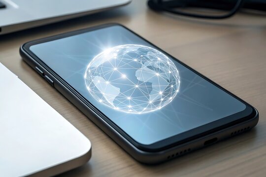 A smartphone displays a digital globe with interconnected lines, symbolizing global communication and technological reach, placed on a wooden desk next to a laptop
