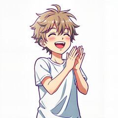 Young boy clapping hands with joy and smiling on a white background  