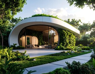 Modern, sustainable home nestled within lush greenery