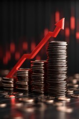 Stacks of coins with a rising red arrow showcasing economic growth