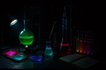Chemical reaction taking place in a round bottom flask during a science experiment in a dark laboratory