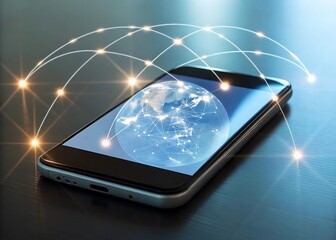 A smartphone displays a digital globe with interconnected networks, symbolizing global communication and technological advancement