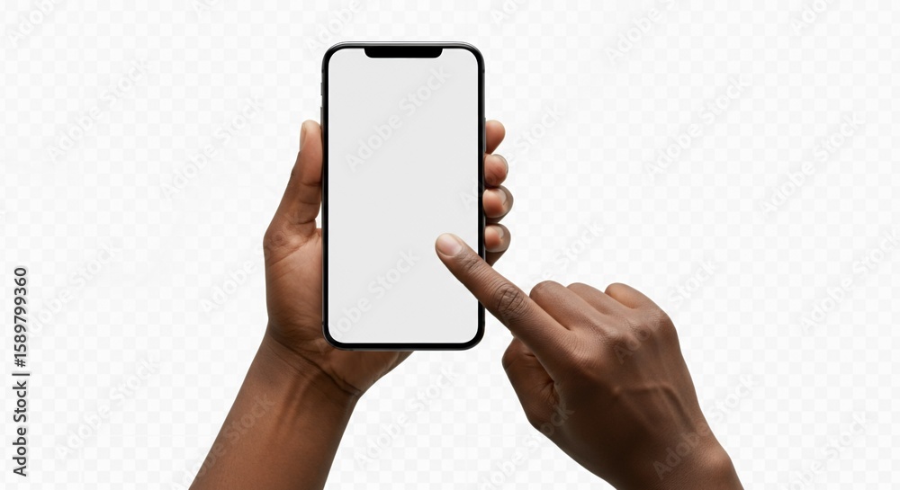 Wall mural mockup of smartphone in hand with blank screen – isolated device display template.