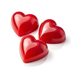 Fototapeta premium Three shiny red hearts arranged on a white background isolated on white background
